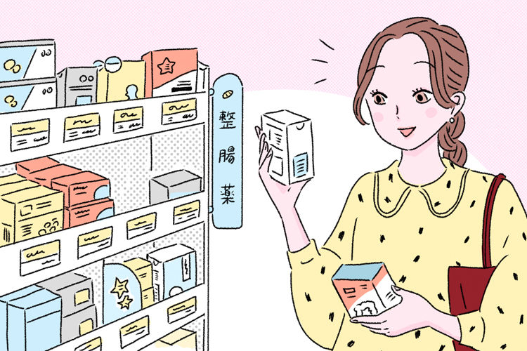 商品棚から整腸薬を手に取り選んでいるイラスト